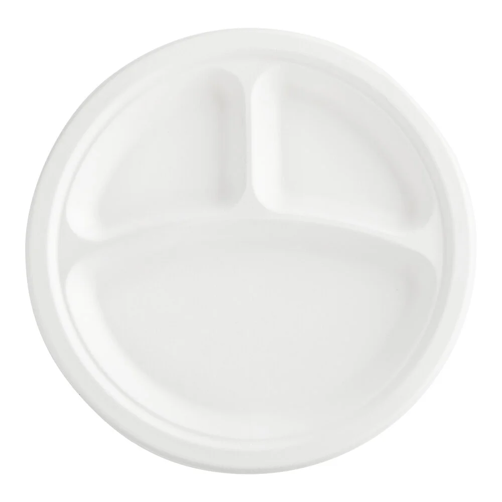 Ecoplus solution 9″ Compostable White Plant Fiber Plate 3 Compartment – 500/Case