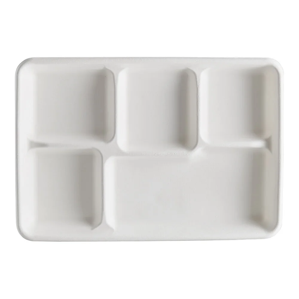 Ecoplus solution 12″ x 8 1/2″ Compostable White Plant Fiber 5 Compartment Long Tray – 300/Case