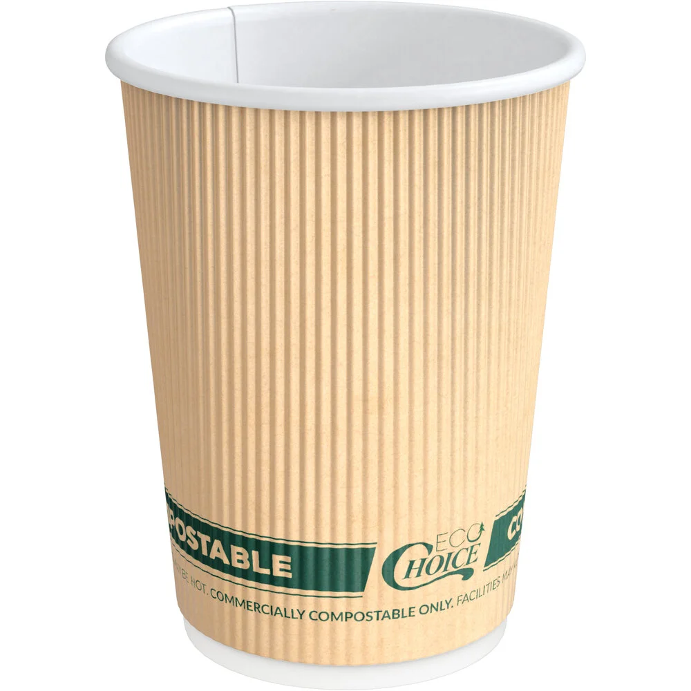 Ecoplus solution 12 oz. Double Wall Ripple Kraft Compostable Paper Hot Cup – 500/Case