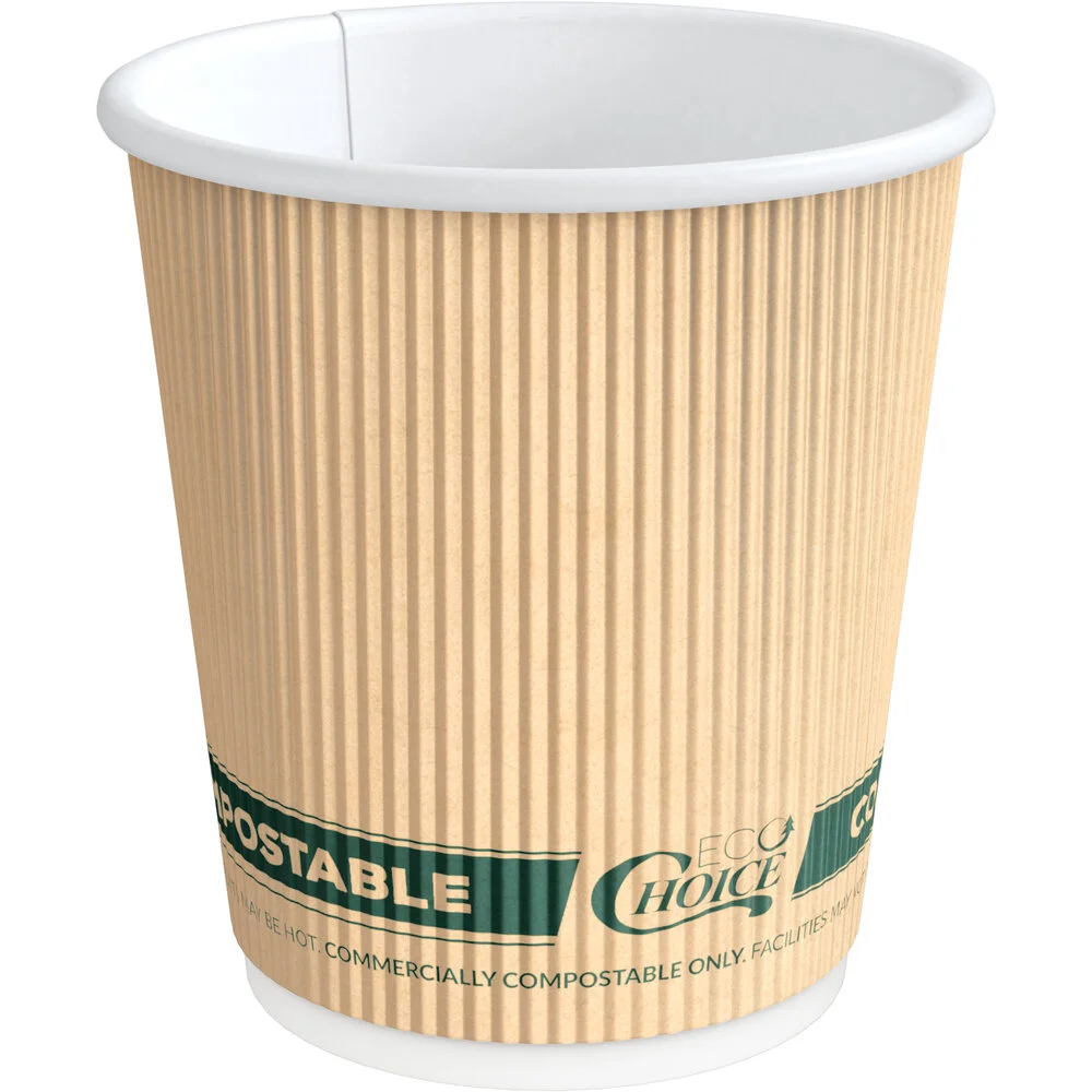 Ecoplus solution 8 oz. Squat Double Wall Ripple Kraft Compostable Paper Hot Cup – 500/Case