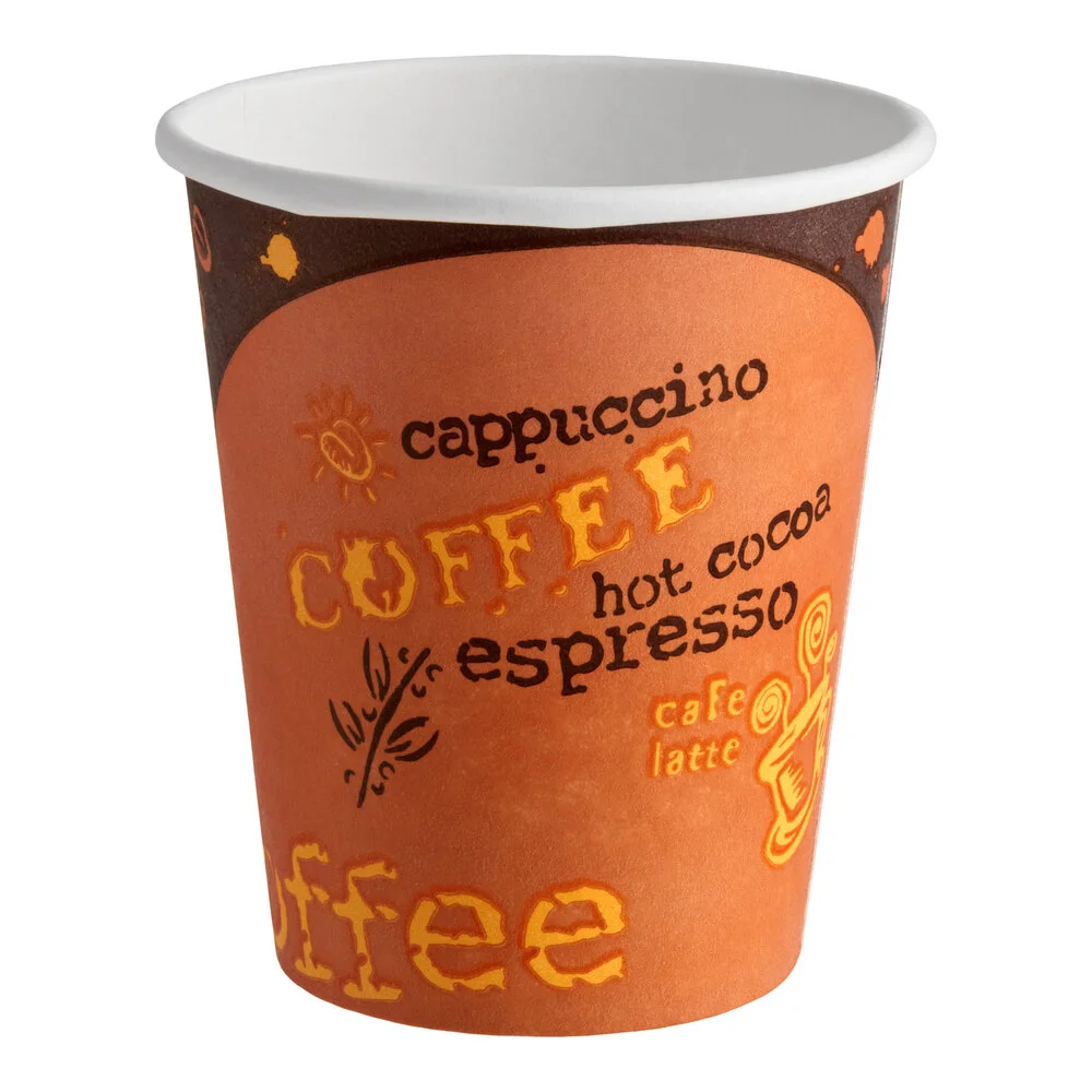 Choice 8 oz. Tall Coffee Print Poly Paper Hot Cup – 1,000/Case