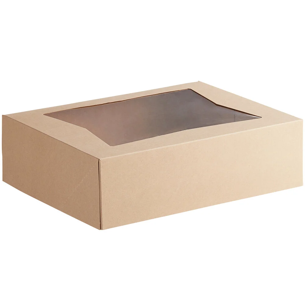 Baker’s Lane 14″ x 10″ x 4″ Kraft Customizable Quarter Sheet Auto-Popup Window Cake / Bakery Box – 100/Case