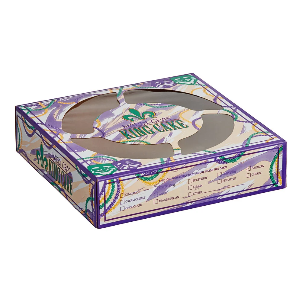 Southern Champion 10″ x 10″ x 2 1/2″ Auto-Popup Window Pie / Bakery Box with Mardi Gras King Cake Design – 100/Case