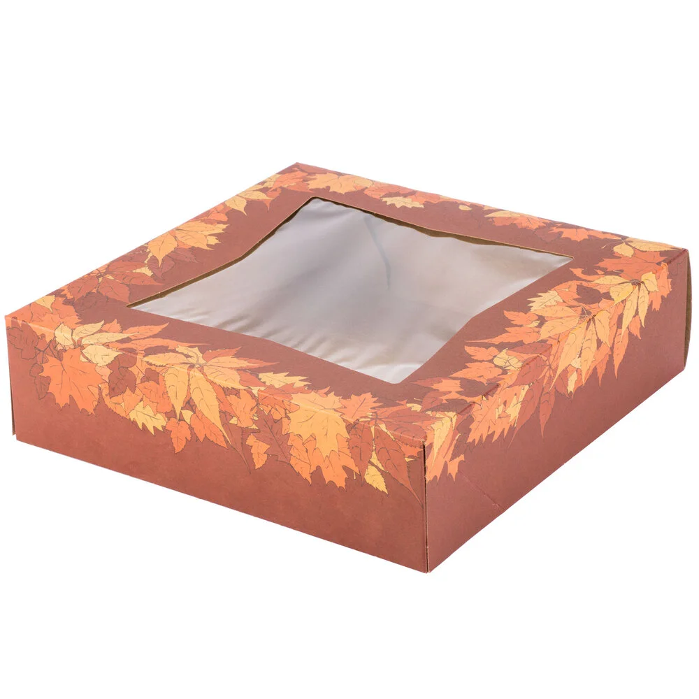 Southern Champion 9″ x 9″ x 2 1/2″ Rustic Orange Window Pie / Bakery Box with Autumn Design – 150/Case