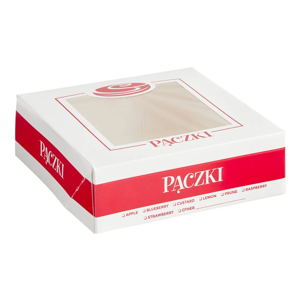Southern Champion 8″ x 8″ x 2 1/2″ Auto-Popup Window Donut / Bakery Box with Paczki Design – 100/Case