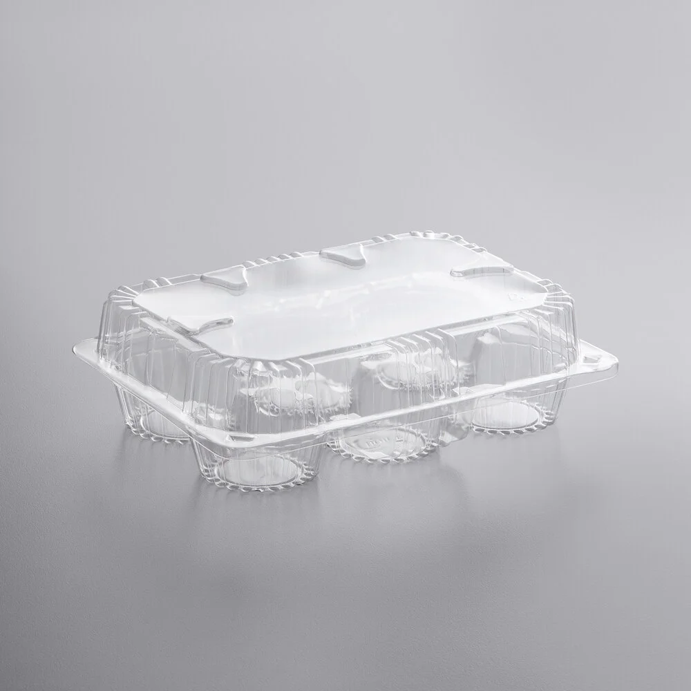 Choice 6-Cup Low Dome Hinged PET Plastic Cupcake / Muffin Container – 300/Case
