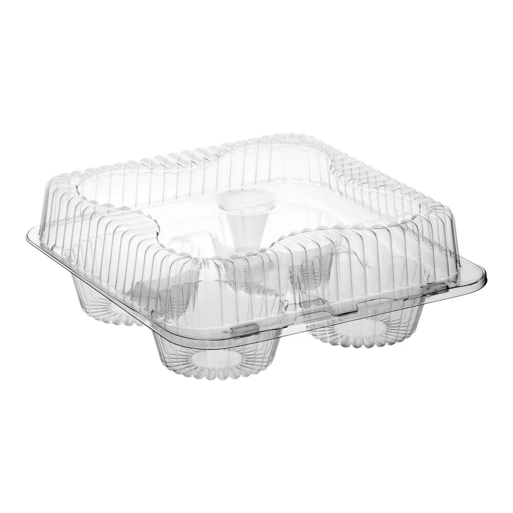Inline Plastics SureLock 4-Compartment Clear Plastic Hinged Jumbo Cupcake / Muffin Container with Medium Dome Lid – 300/Case